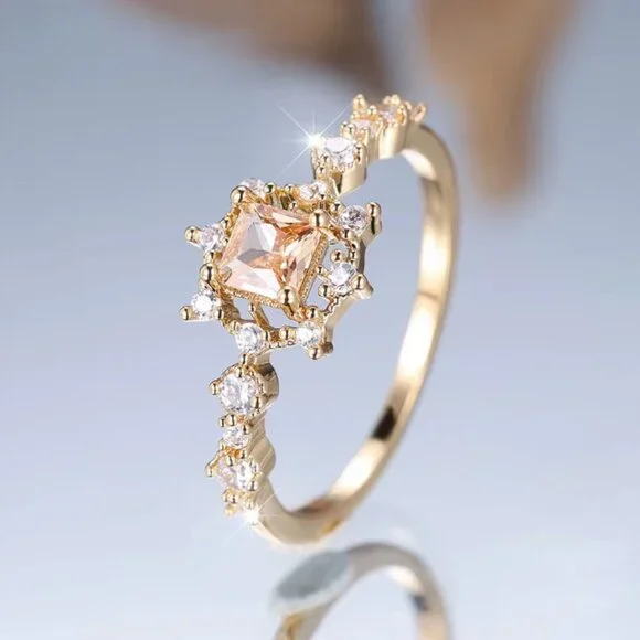 NEW 14k Gold Champagne Princess Cut Diamond Ring Dainty Band - Picture 3 of 7